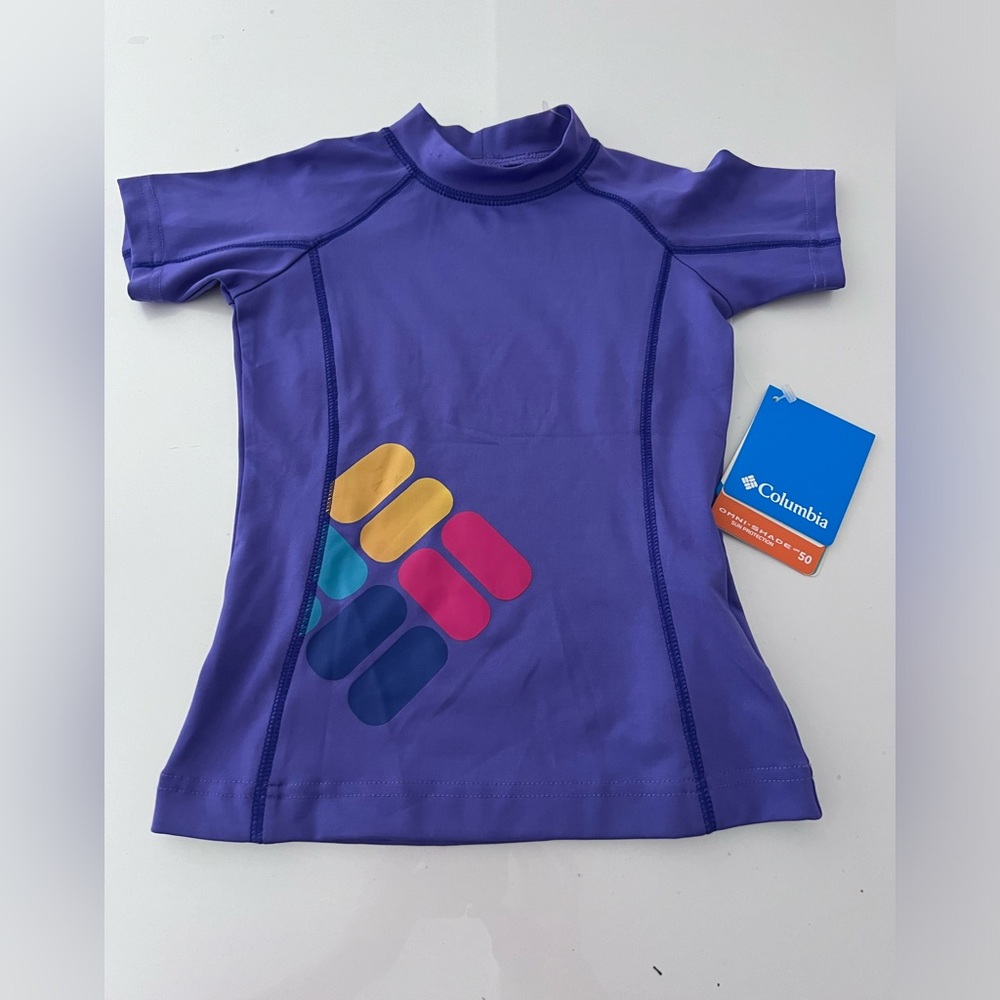 Columbia Purple Short Sleeve Kids Rashguard with Multicolor Logo